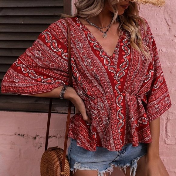 Boho Womens Paisley Print Batwing Sleeve Peplum Blouse - Picture 3 of 5